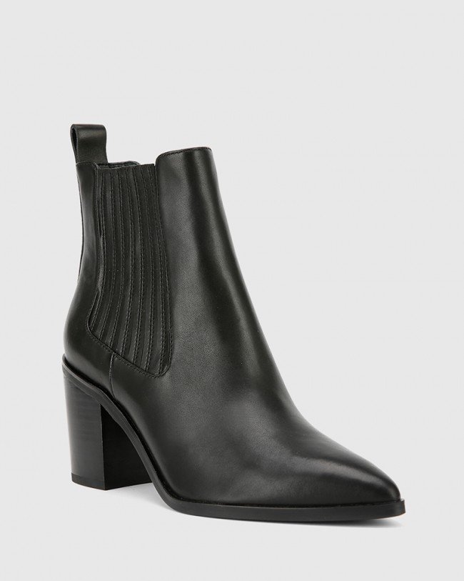 Wittner Parton Black Leather Elastic Gusset Block Heel Ankle Boot