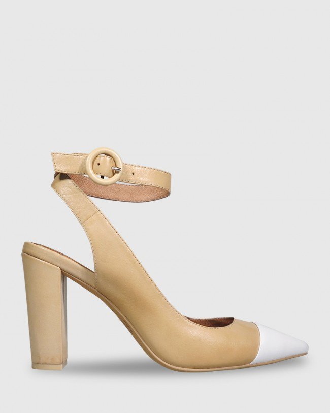 Wittner Helaine Natural Leather White Toe Cap Block Heel