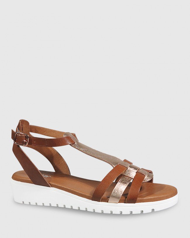 Wittner Jericho Cognac & Rose Gold Leather Wedge Sandal