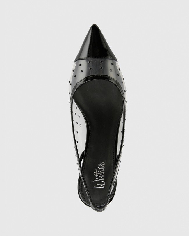 Wittner Diamante Black Patent & Clear Vinyl Slingback Heel