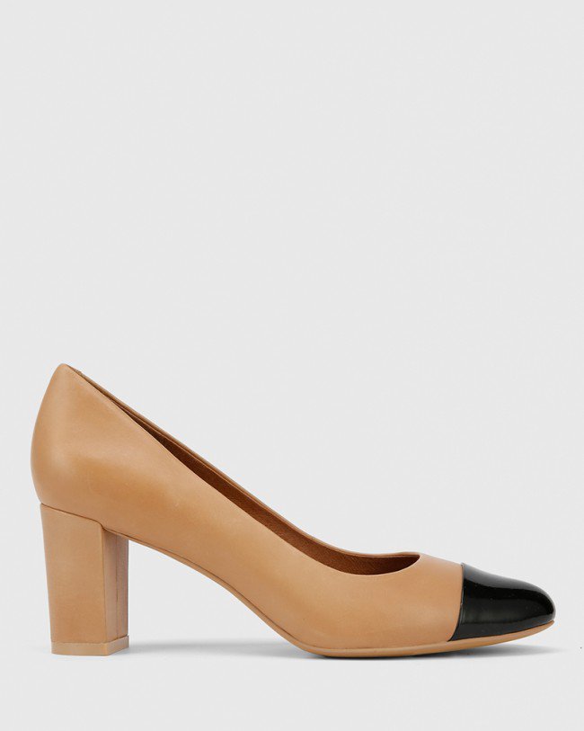 Wittner Nadori Black Patent and Honey Leather Round Toe Block Heel