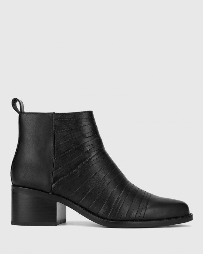Wittner Jaylee Black Leather Almond Toe Block Heel Ankle Boot