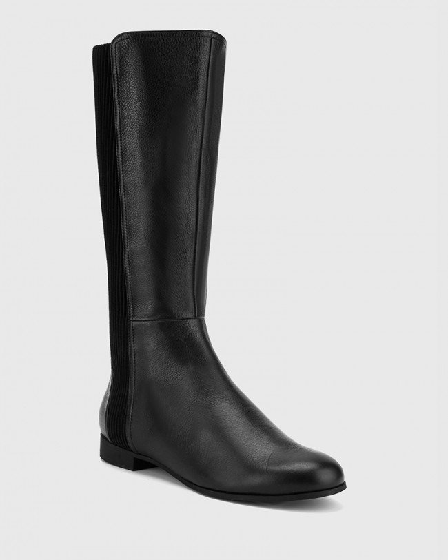 Wittner Drue Black Leather Stretch Knit Gusset Round Toe Long Boot