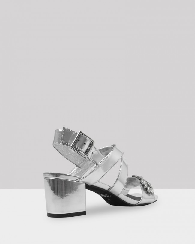 Wittner Austine Silver Leather Diamonte Detail Block Heel Sandal