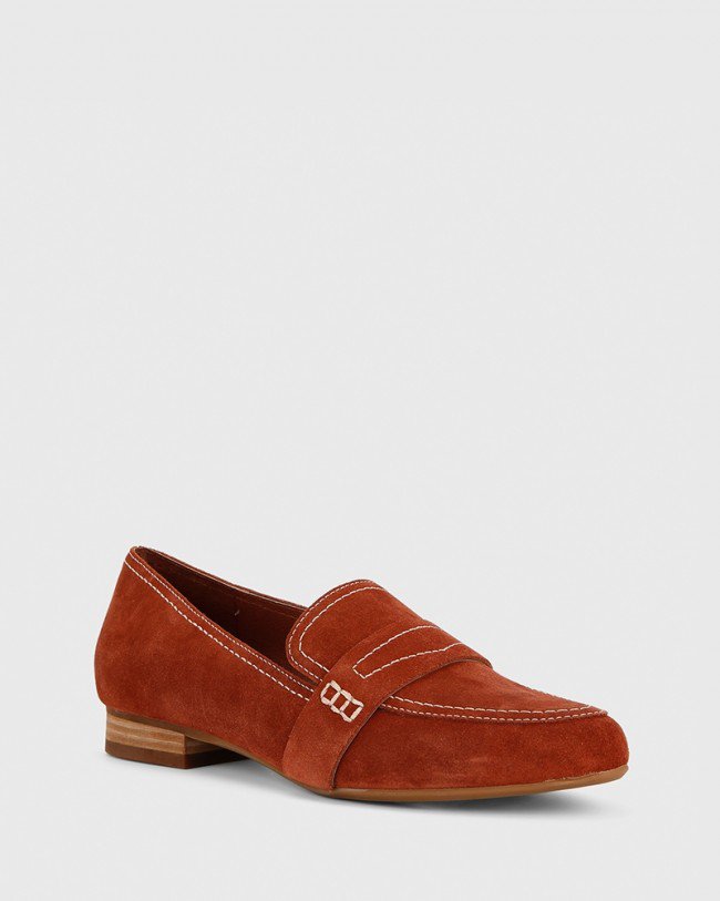 Wittner Abelon Rust Suede Stitched Flat Penny Loafer