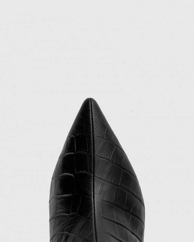 Wittner Derova Black Croc Print Leather Stiletto Heel Ankle Boot