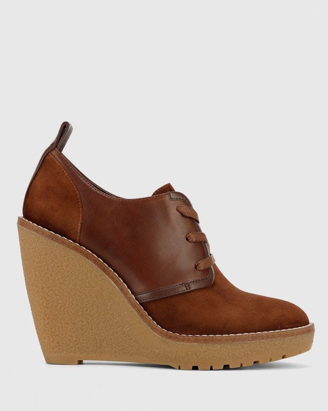Wittner Tablyn Brown Suede and Leather Round Toe Wedge Bootie