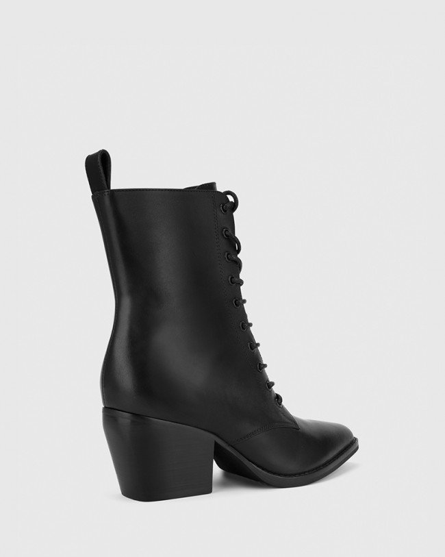 Wittner Kallie Black Leather Pointed Toe Lace Up Block Heel Ankle Boot