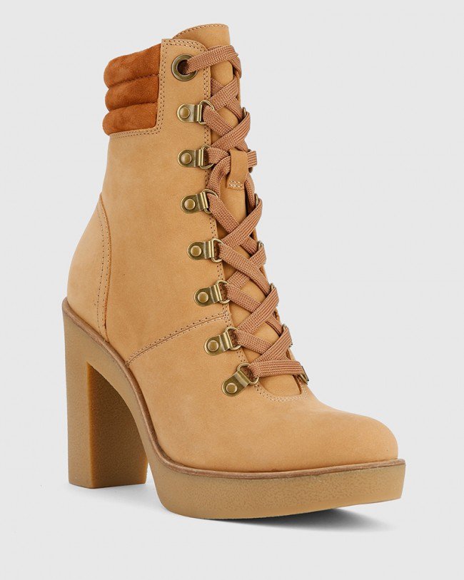 Wittner Vickie Caramel Leather Block Heel Lace Up Ankle Boot