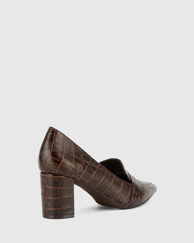 Wittner Donner Chocolate Crocodile Print Leather Block Heel Pointed Pump