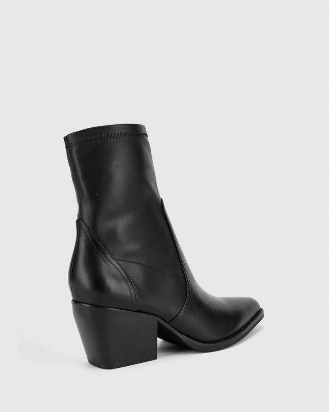 Wittner Kennith Black Leather Stretch Point Toe Block Heel Ankle Boot