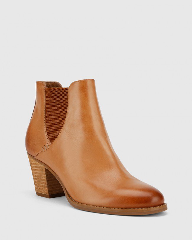 Wittner Kessie Tan Leather Round Toe Stack Heel Ankle Boot