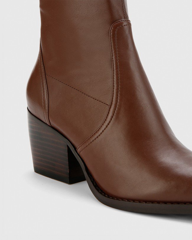 Wittner Kennith Dark Brown Leather Stretch Point Toe Block Heel Ankle Boot