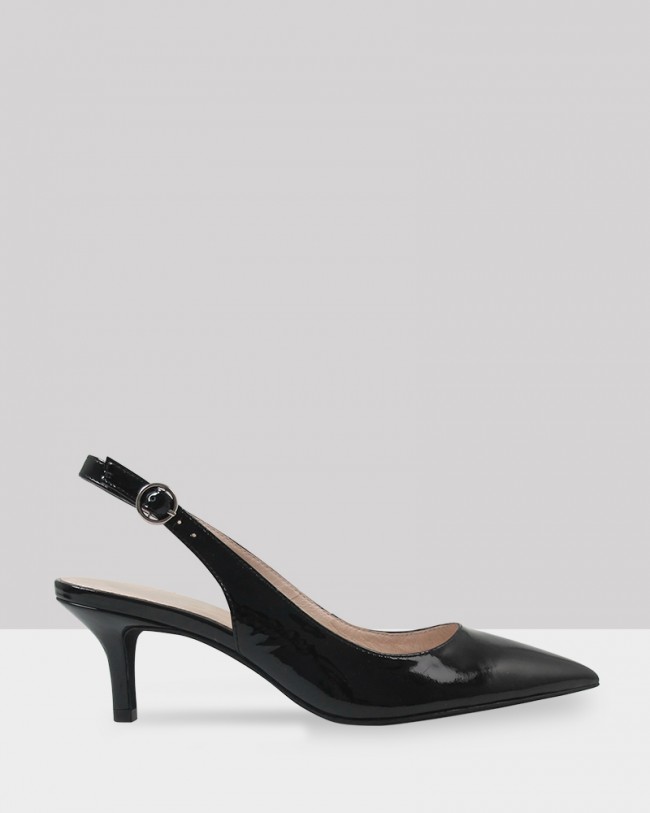 Wittner Nancie Black Patent Pointed Toe Slingback Mid Heel
