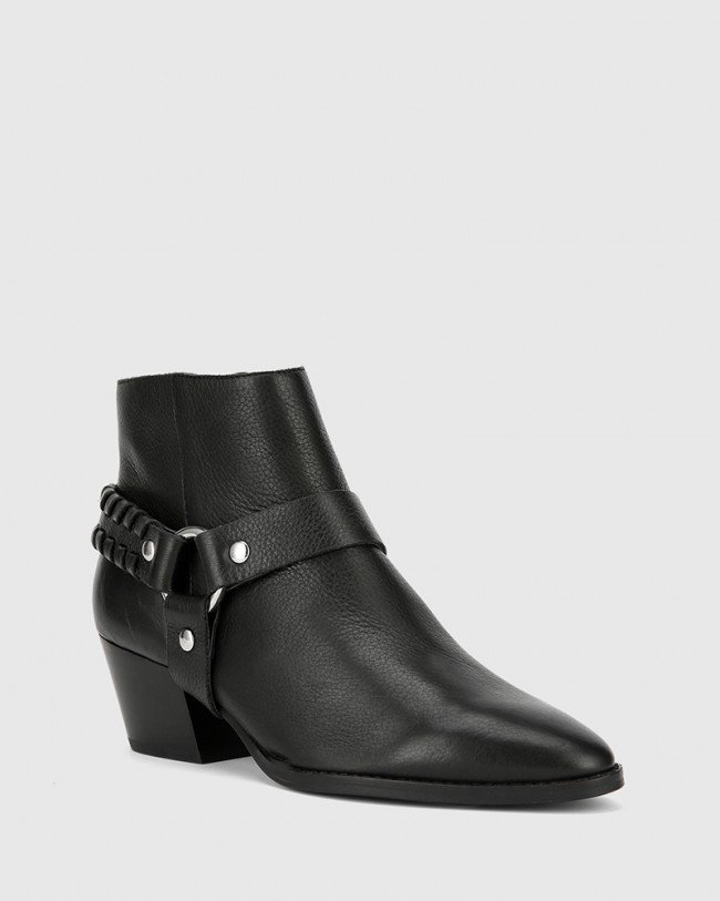 Wittner Kerrence Black Leather Block Heel Harness Ankle Boot