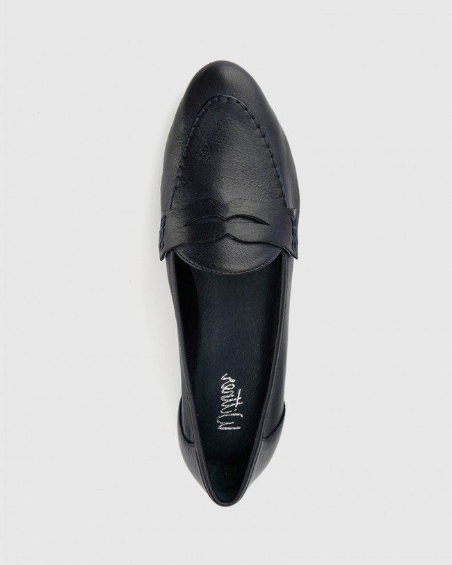 Wittner Austin Navy Leather Almond Toe Flat Penny Loafer