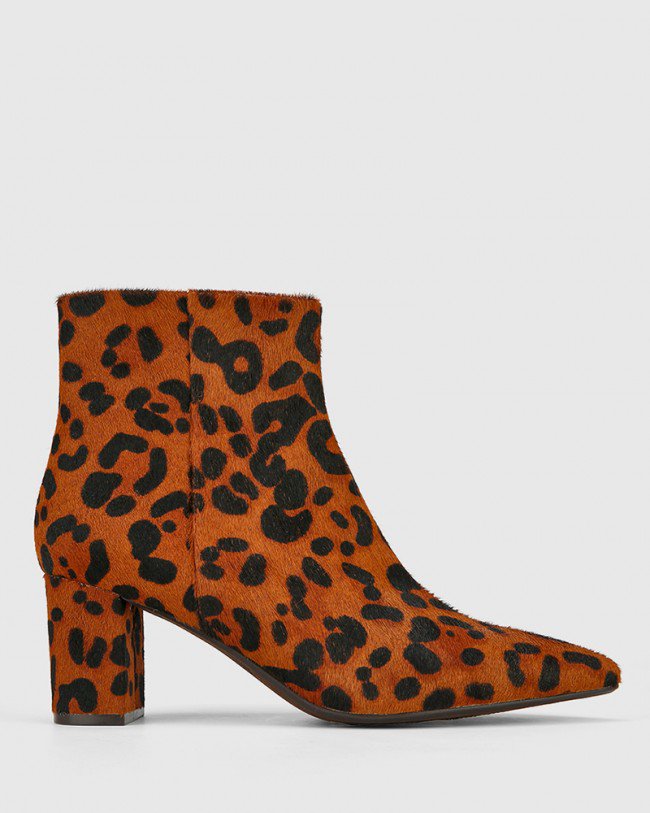 Wittner Deja Dark Brown Leopard Printed Hair On Leather Block Heel Ankle Boot
