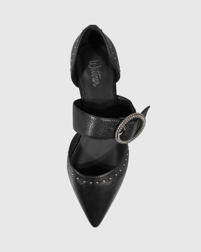 Wittner Marco Black Leather Silver Buckle Detail Pointed Toe Flat