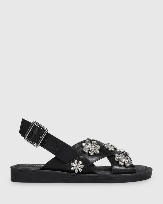 Wittner Elanna Black Leather Diamonte Flower Detail Flat Sandal