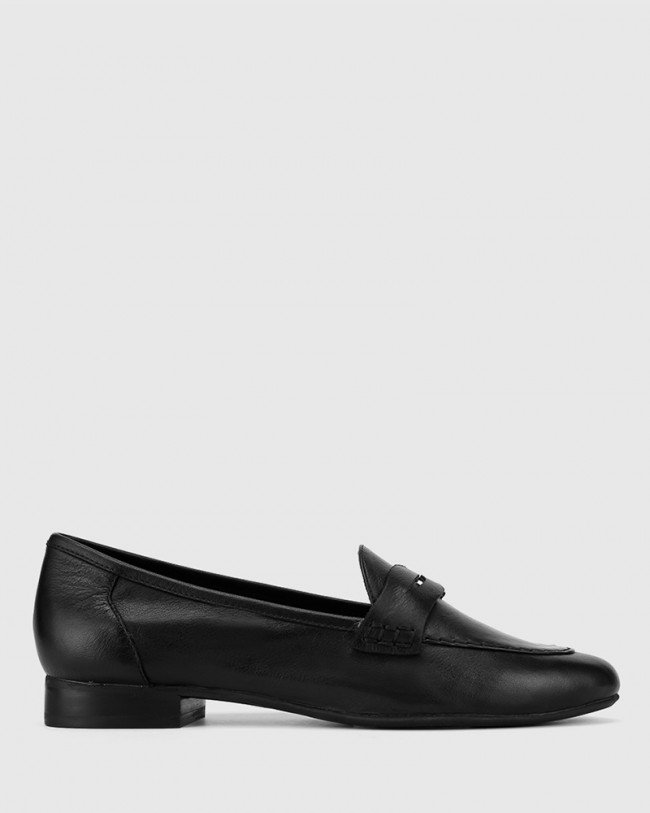 Wittner Austin Black Leather Almond Toe Flat Penny Loafer