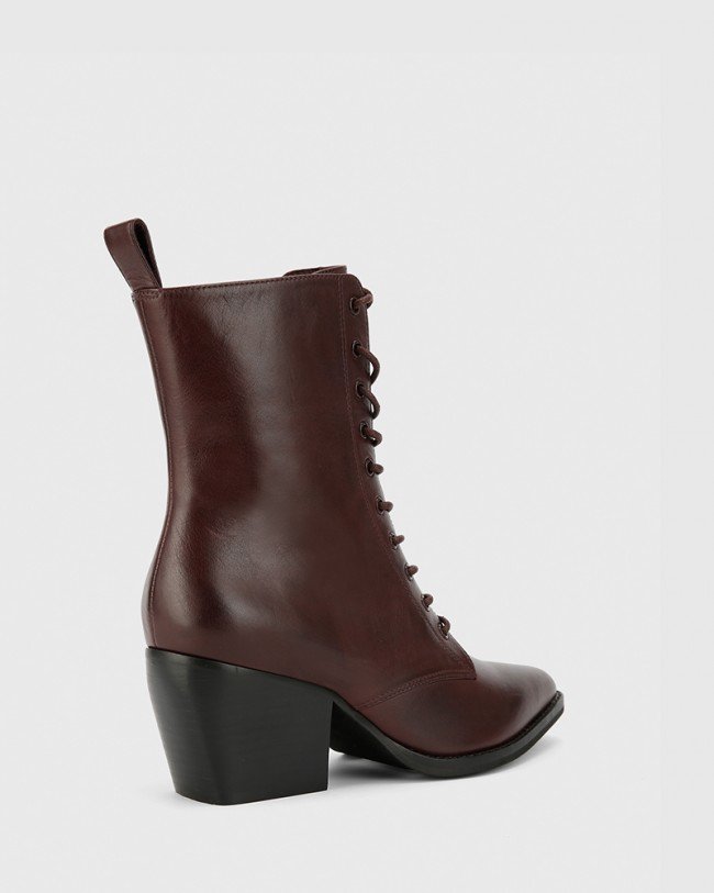 Wittner Kallie Wine Leather Pointed Toe Lace Up Block Heel Ankle Boot
