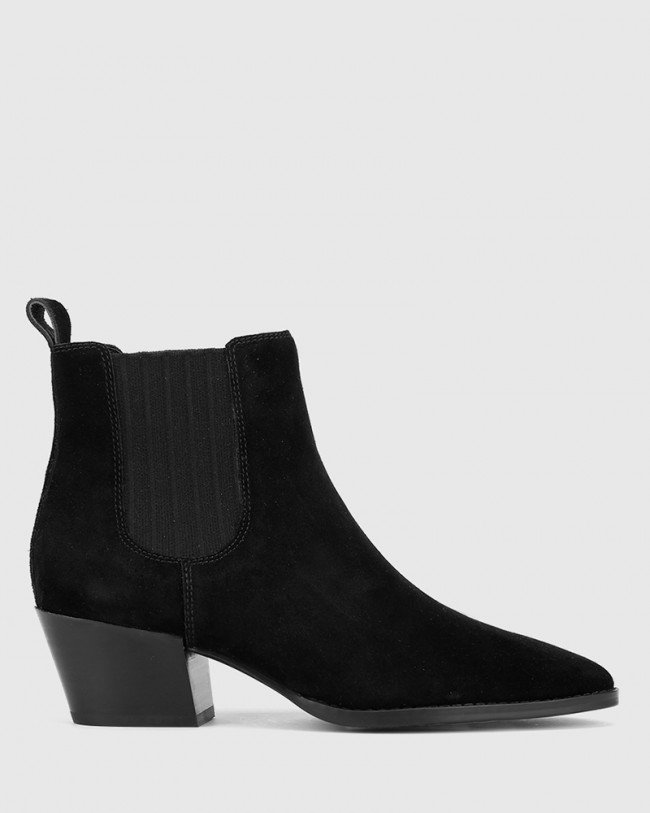 Wittner Kyrone Black Suede Leather Block Heel Point Toe Boot