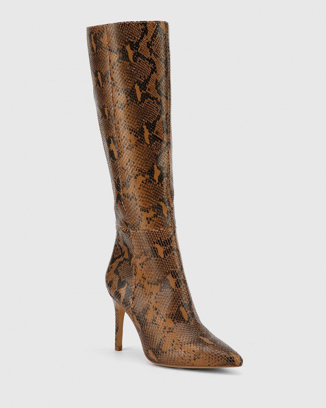 Wittner Hallow Brown Snake Printed Leather Pointed Toe Stiletto Heel Long Boot