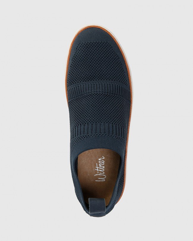 Wittner Griffin Navy Stretch Knit & Nubuck Leather Pull On Sneaker