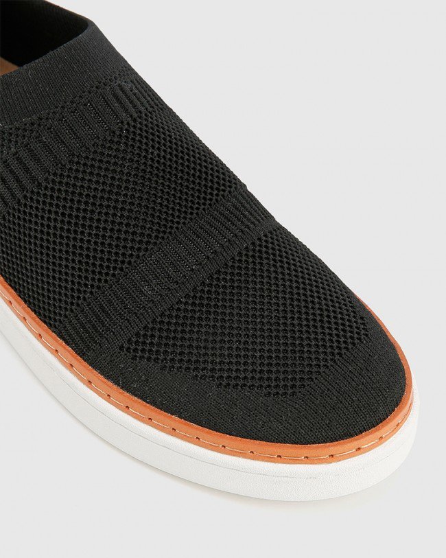 Wittner Griffin Black Stretch Knit & Nubuck Leather Pull On Sneaker