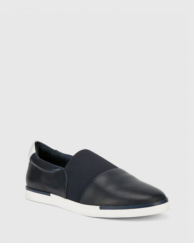 Wittner Ashton Navy Leather Elastic Gusset Slip On Flat