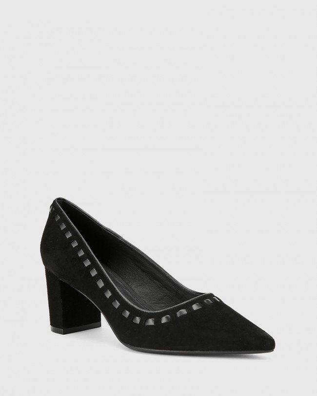 Wittner Dallory Black Suede Leather Pointed Toe Block Heel