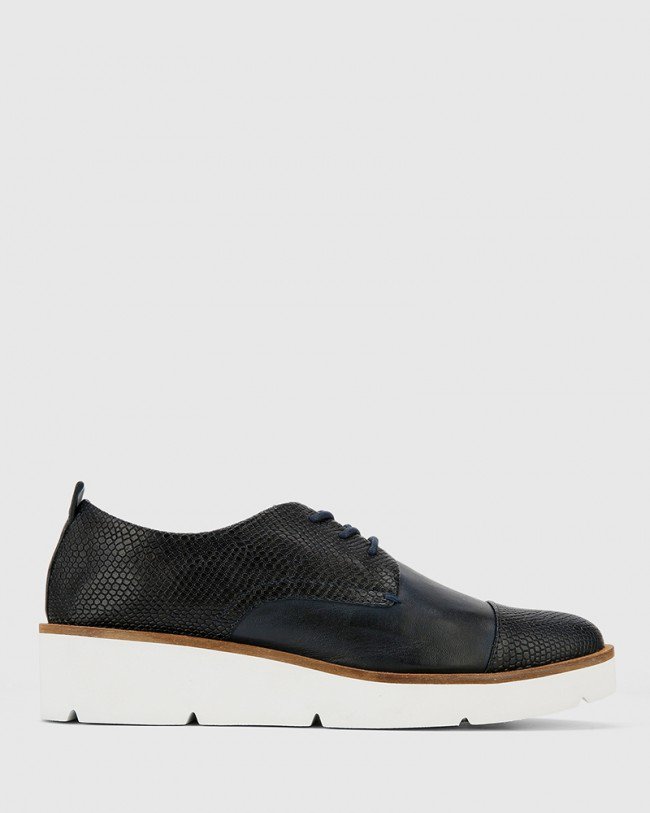 Wittner Jedd Navy Leather Embossed Toe Cap Flatform Lace Up Brogue