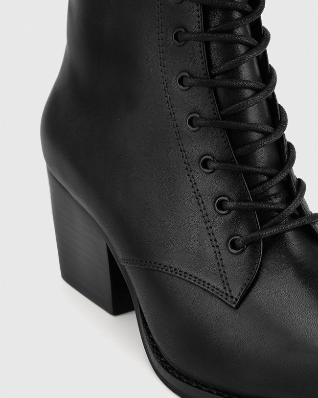 Wittner Kallie Black Leather Pointed Toe Lace Up Block Heel Ankle Boot