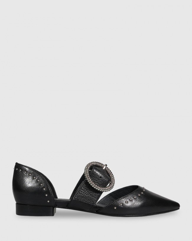 Wittner Marco Black Leather Silver Buckle Detail Pointed Toe Flat