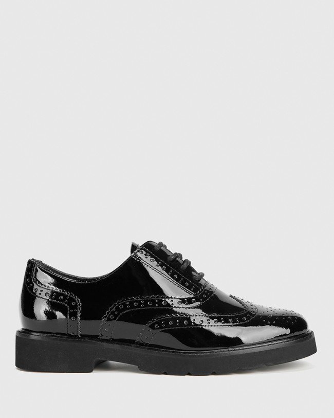 Wittner Dexley Black Patent Leather Wingtip Lace Up Brogue