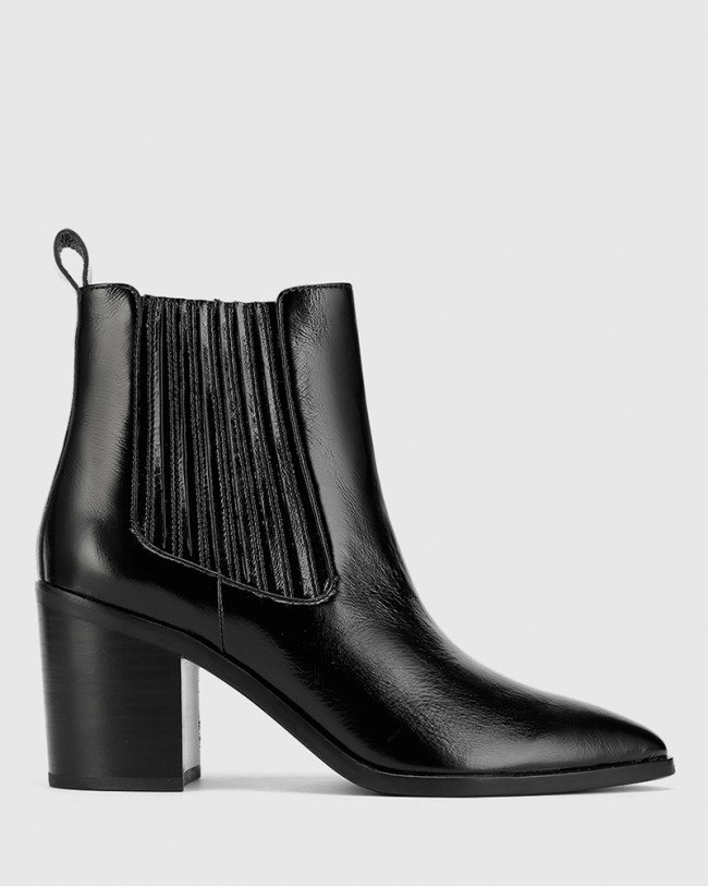 Wittner Parton Black Patent Leather Elastic Gusset Block Heel Ankle Boot