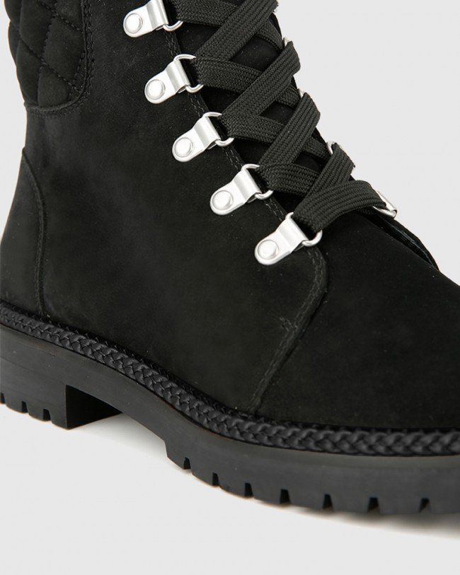 Wittner Bentleigh Black Nubuck Leather Quilted Collar Lace Up Ankle Boot
