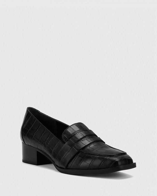 Wittner Fentis Black Crocodile Printed Leather Square Toe Loafer