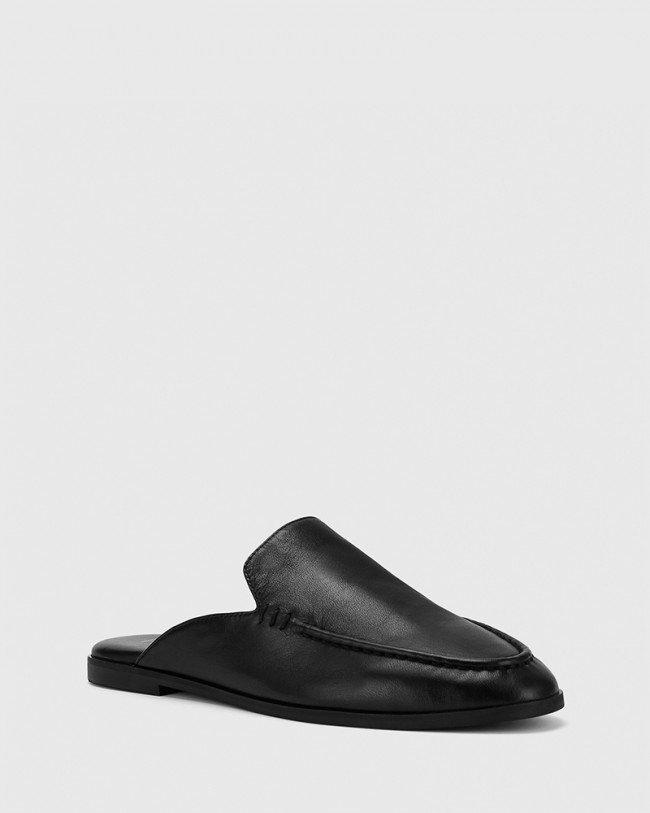 Wittner Anzel Black Leather Almond Toe Flat Mule