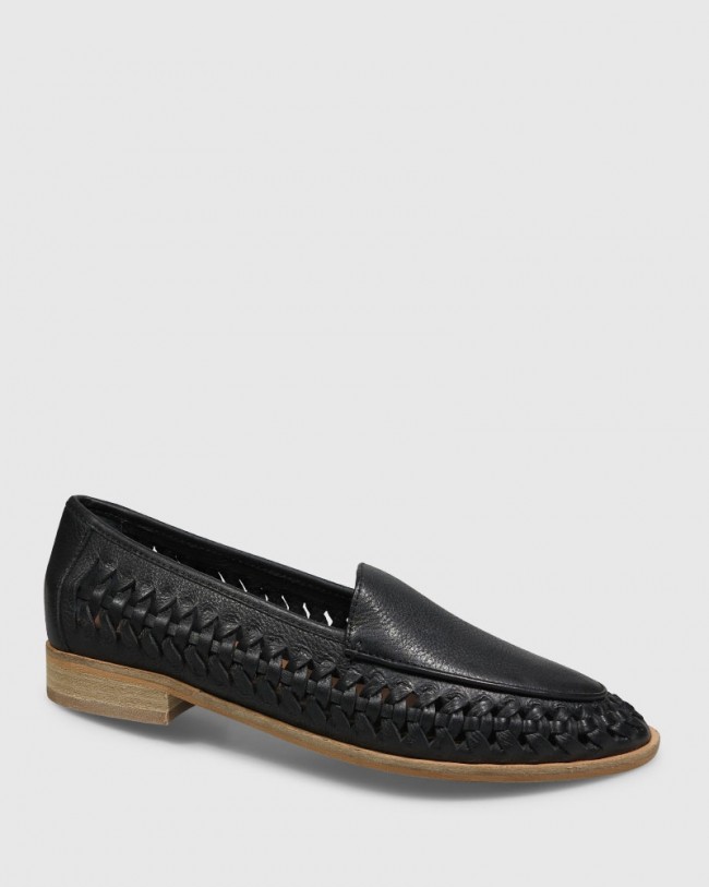 Wittner Haylie Black Leather Weave Detail Pointed Toe Loafer