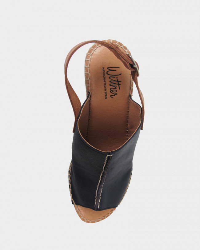 Wittner Umberto Navy Leather Peep Toe Espadrille Wedge