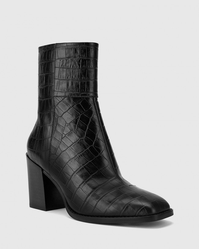 Wittner Sahara Black Croc Printed Leather Block Heel Ankle Boot