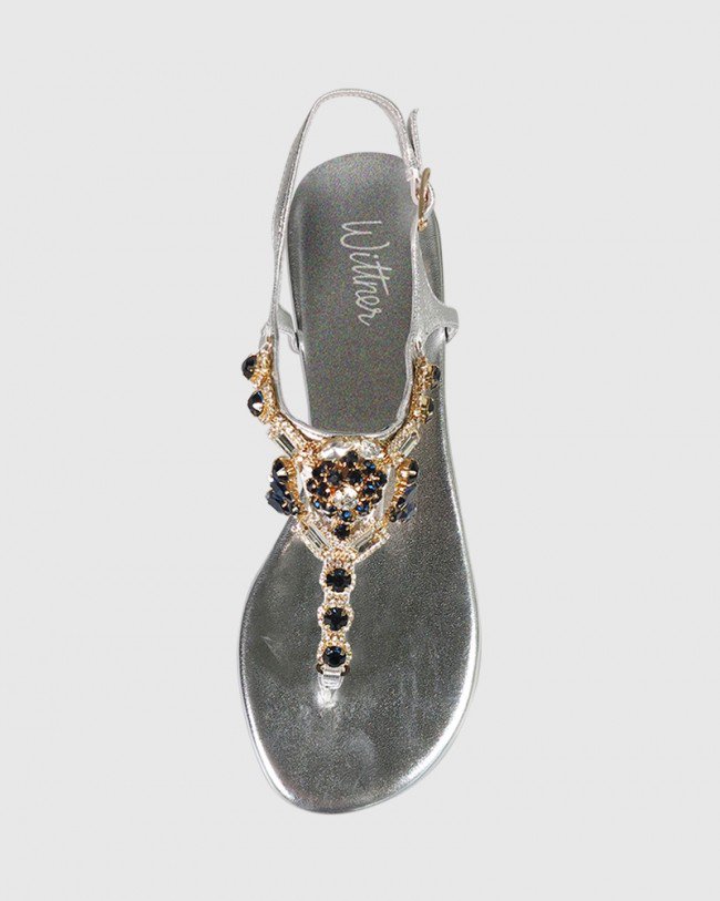 Wittner Sparkla Silver Leather Jewel Detail Flat Sandal
