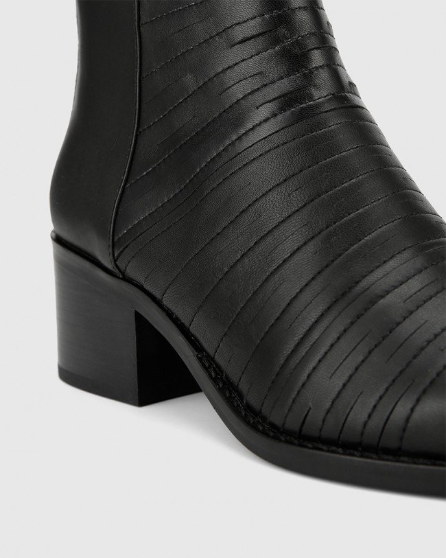 Wittner Jaylee Black Leather Almond Toe Block Heel Ankle Boot