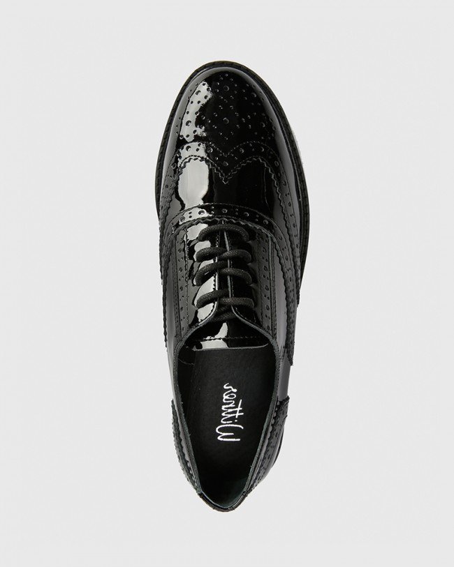 Wittner Dexley Black Patent Leather Wingtip Lace Up Brogue