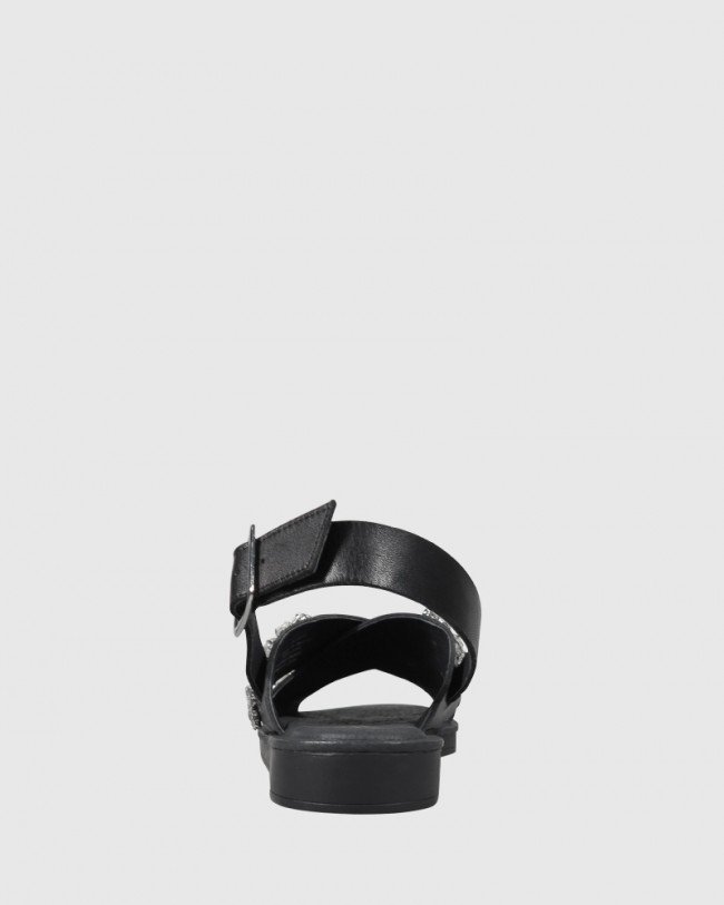 Wittner Elanna Black Leather Diamonte Flower Detail Flat Sandal