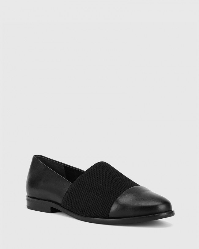 Wittner Janis Black Leather Stretch Knit Block Heel Loafer