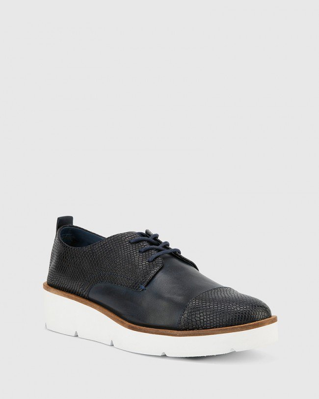 Wittner Jedd Navy Leather Embossed Toe Cap Flatform Lace Up Brogue