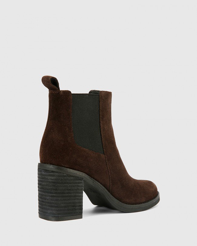 Wittner Tobey Brown Suede Elastic Gusset Block Heel Ankle Boot