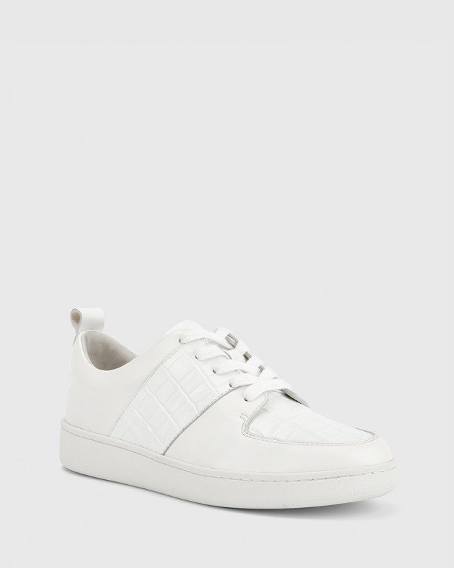 Wittner Gino White Smooth Croc Leather Lace Up Sneaker